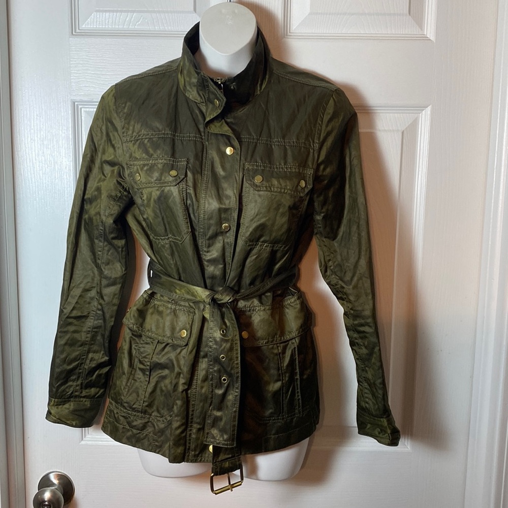 Michael Kors Metallic Olive Green Jacket with Bronze Accents  Small with belt